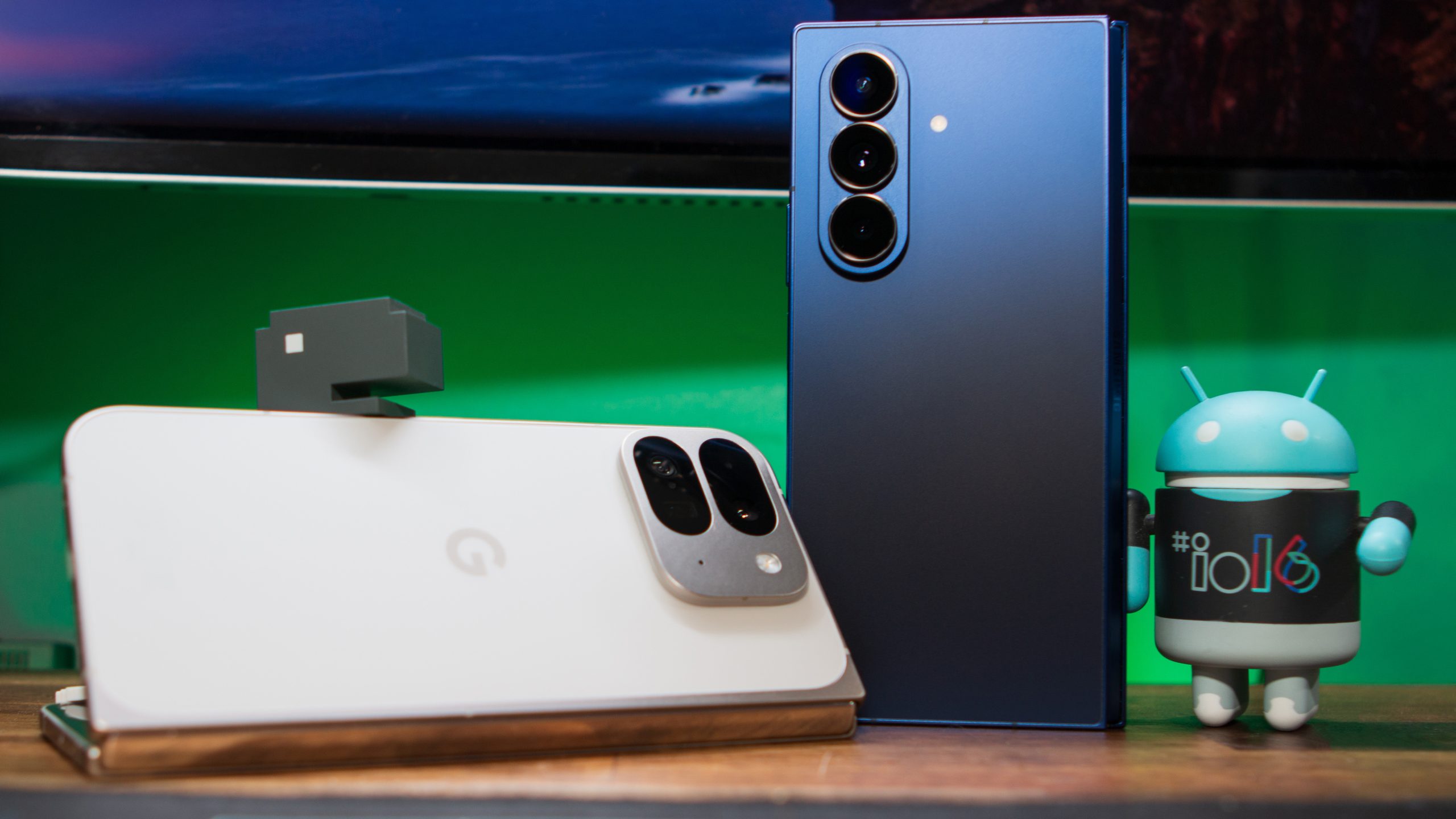 The Pixel 9 Pro Fold next to the Galaxy Z Fold 7.